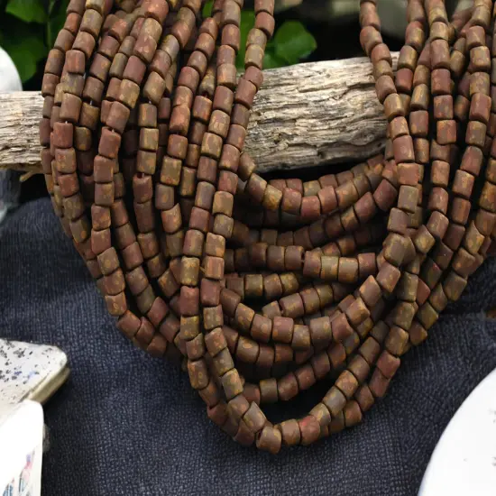 6/0 Aged Matte Dark Red Picasso Bugle Tube Seed Bead Mix (21" Strand) {2}