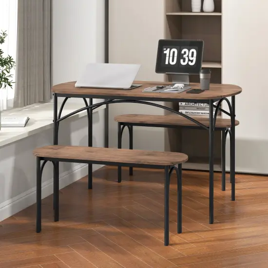 3-Piece Dining Table Set for 4 with Metal Frame-Brown {3}