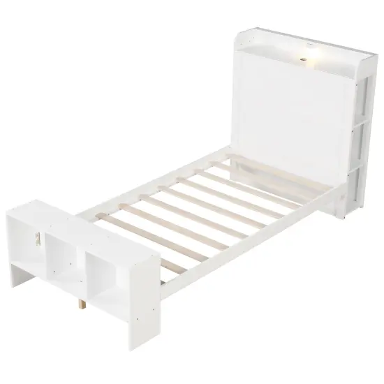 Twin Size Bed Frame with 2 USB Ports with Storage Headboard and Lights-Twin Size {1}