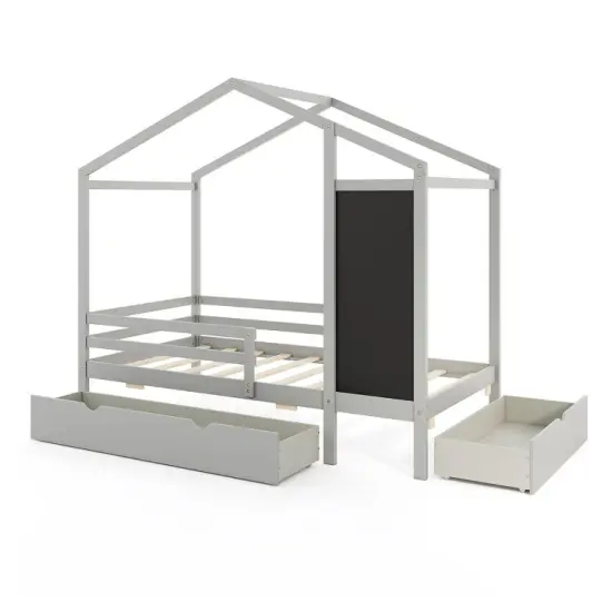 Wooden Twin House Bed with Storage Drawers Blackboard and Guardrails for Kids White {8}