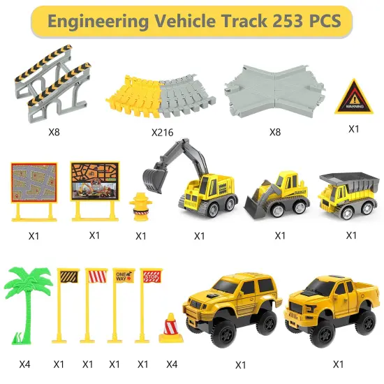 Toys 253 Pieces Race Tracks Toy for 3 4 5 6 7 8 Year Old Boys Girls, 5 PCS Truck Car and Flexible Track Play Set Create A Engineering Road Games Toddler Best Gift {1}