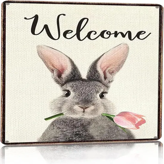 Women Teen Girls Bunny Lovers Easter Gift Funny Bunny Tulip Welcome Tin Sign for Home Room Yard Garden Vintage Easter Spring Decor 8x12 Inch (3093) {1}