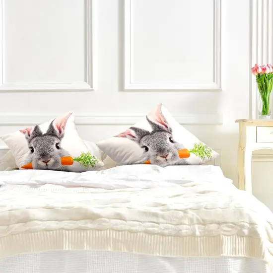 Cute Rabbit Pillow Covers 18x18 Set of 2 Lovely Bunny Eating Carrots Pillow Covers Easter Throw Pillows {3}