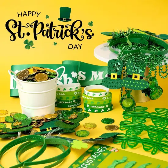 180Pcs St. Patrick's Day Accessories Party Favor Set, Tattoo Stickers, Necklaces, Bracelets, Shamrock Glasses, Headbands, Mustaches, Coins and Kiss Me I'm Irish Sash for Irish Party Supplies {3}