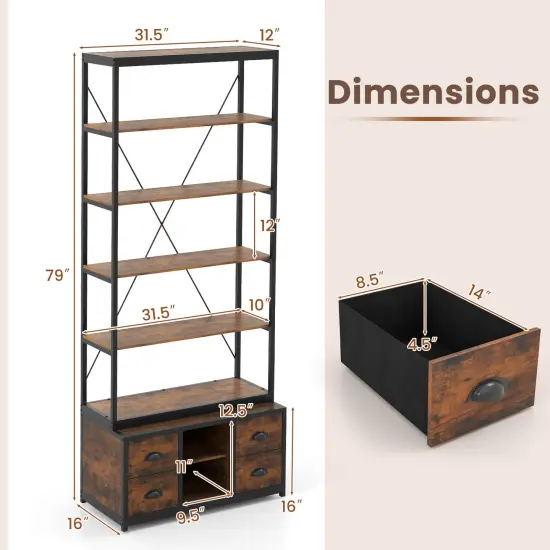 Rustic Brown 8-tier Bookshelf with 4 Fabric Drawers and Heavy-Duty Metal Frame {5}