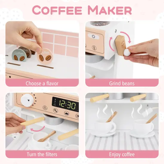 Kids Kitchen Set Wooden with Coffee Makers and Accessories-White {5}