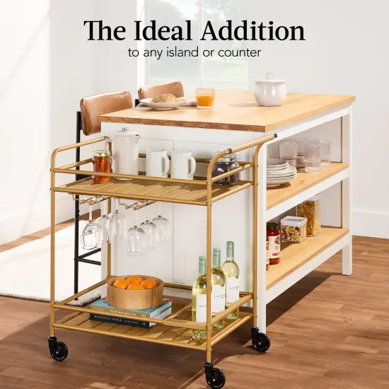 Best Choice Products 2-Tier Rolling Bar Cart Indoor/Outdoor w/ Storage Shelves, Wine Rack, Lockable Wheels Gold {6}
