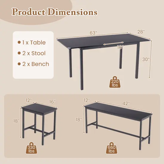 5 Piece Dining Table Set for 4-6, Includes 2 Benches & 2 Stools, Ideal for Kitchen & Dining Room Black {3}
