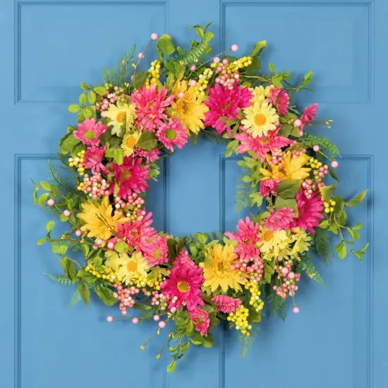 Northlight Gerbera Daisy, Berries and Daisy Floral Spring Wreath - 23" - Pink/Yellow {1}
