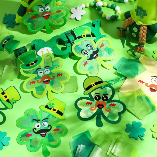 24 Pcs St. Patrick's Day Craft Kit Lucky Shamrock Suncatcher Craft Irish Day Window DIY Tissue Paper Suncatcher Decoration Ornament for Classroom St Patricks Party Favor Supplies {4}