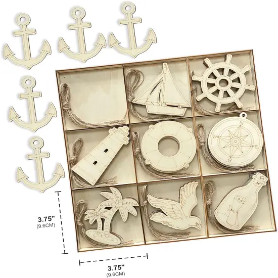 45 Pack Unfinished Nautical Wood Cutouts for Crafts, Wooden Anchor,Sailboat,Ship Wheel,Compass for DIY Project 3.5 Inch 5 Peices Each {5}