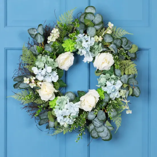 Northlight Hydrangea, Rose and Geranium Artificial Floral Spring Wreath, White and Blue - 24-Inch {1}