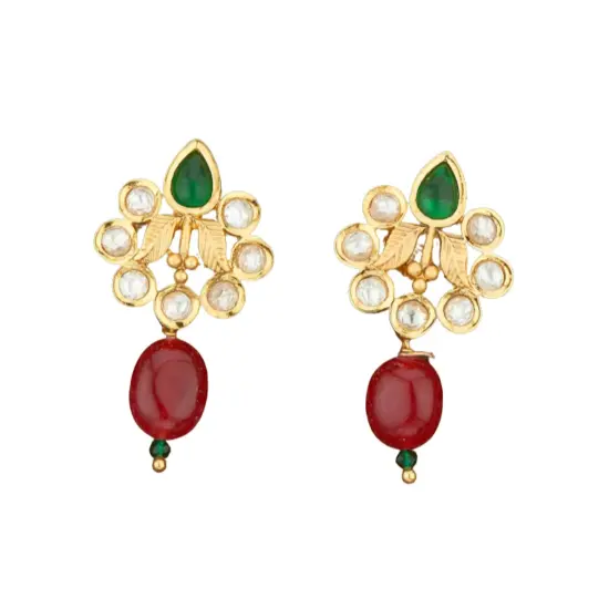 Indian Kundan Small Earrings for Women - Indian Traditional Small Jhumka Chandbali Kundan Stud Earrings in Gold & White Tone Bollywood Style Small Dangle Earrings for Women Bridal Jewellery Pink {4}