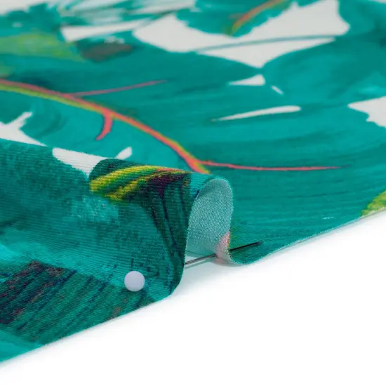 1 Yard Green, Lime and Pink Tropical Leaves Stretch Rayon Jersey Fabric 61 inch Width {2}