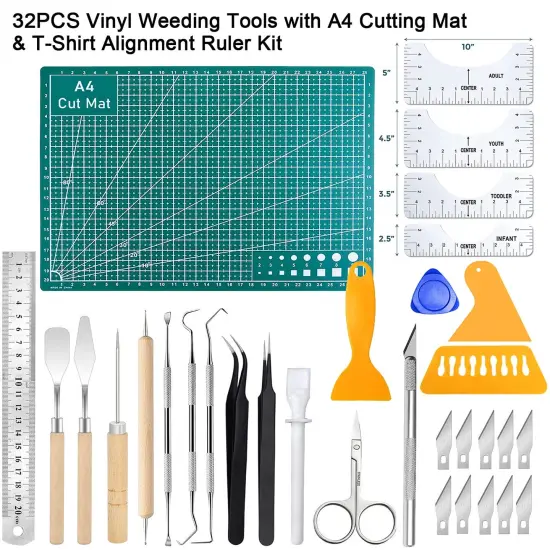 32 Pieces Vinyl Weeding Tools with T-Shirt Alignment Ruler Kit, Weeding Tools for Vinyl, Vinyl Weeding Tools Kit for Weeding Vinyl, DIY Art & Craft, Silhouettes, Cameos, Cutting, Scrapbook {1}