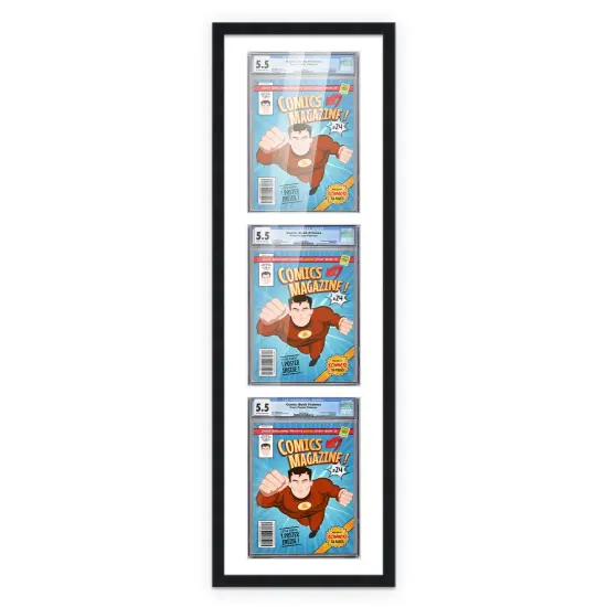 Comic Book Frame with Mat for 3 Graded Comics - Black Wood Comic Frame With White Mat for 8.125x13 Comics - 11.75x43.5 Frame Size {1}