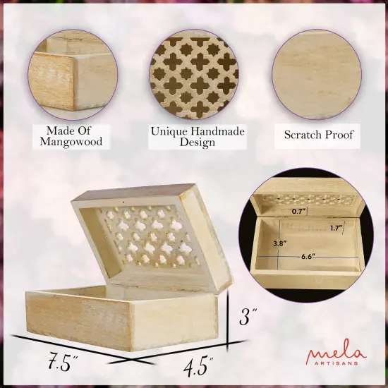 Decorative Storage Box with Hinged Lid - Whitewash, Medium | 7.5&rdquo; x 4.5&rdquo; x 3&rdquo; | Rustic Trellis Design | Mango Wood Crafted | Ideal for Keepsakes, Trinkets, Jewelry and Other Stash {1}