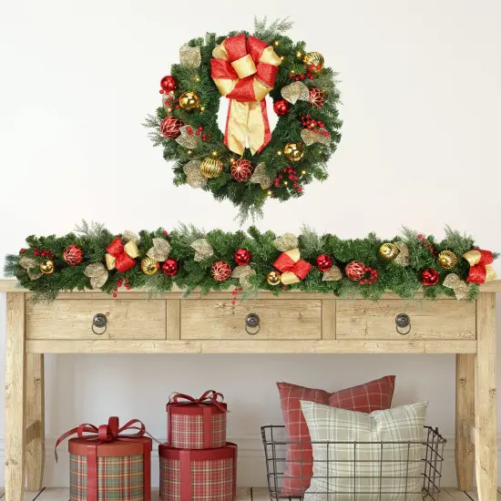 Haute Decor 24 Inch Madison PRELIT Wreath with 30 Battery Operated Soft White LED Lights - Elegant Christmas Wreath with Automatic On-Off Timer {2}