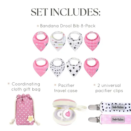 Dodo Babies Bandana Drool Bib Set - Eight 100% Cotton Bibs with Soft Polyester Lining, 2 Pacifier Clips, Binky Case, Pink Gift Bag for Baby Girl or Boy Shower - Adjustable Snap Fit for 3-24 Months {3}
