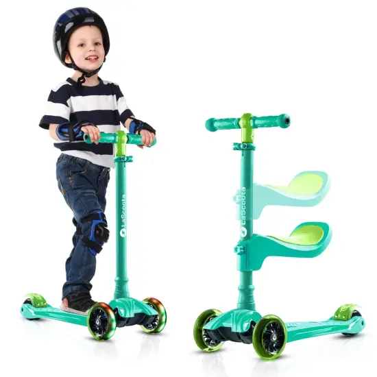 LaScoota 2-in-1 Kids Kick Scooter, Adjustable Height Handlebars and Removable Seat, 3 LED Lighted Wheels and Anti-Slip Deck, for Boys & Girls Aged 3-14 and up to 100 Lbs. Green {3}