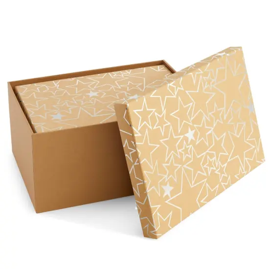 Set of 10 Nesting Gift Boxes with Lids, Cardboard Box with Silver Foil Star Designs (10 Sizes) Brown {6}