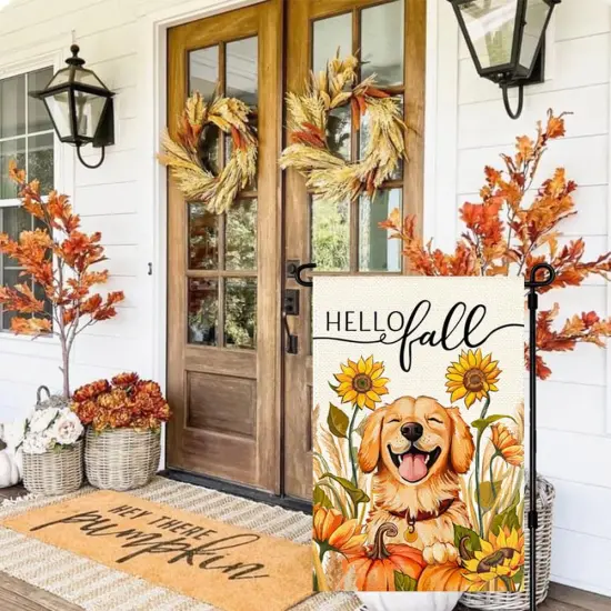 12x18 Inch - Hello Fall Dog Garden Yard Flag (Orange) {4}