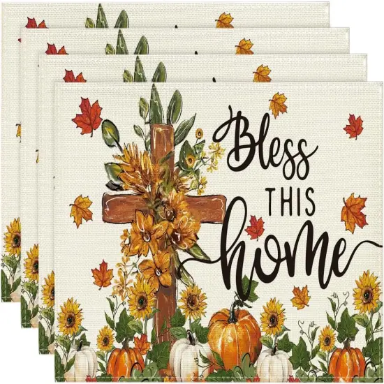 Set of 4 Cross Pumpkins Fall Placemats - 12x18 Inch (Beige) {1}