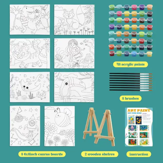 8 Packs Predrawn Canvas for Painting Kids Paint Canvas for Kids, 48 Paints, 8 Brushes 2 Easels, 8 6x8 Printed Canvas {2}