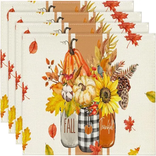 Set of 4 Vases with Hello Fall Placemats - 12x18 Inch (Beige/Orange) {1}