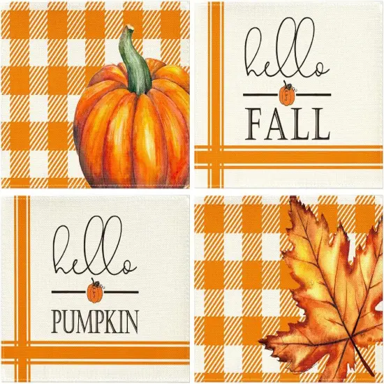 Set of 4 Hello Fall Pumpkin Maple Leaves Placemats - 12 x 18 Inch (Orange) {1}