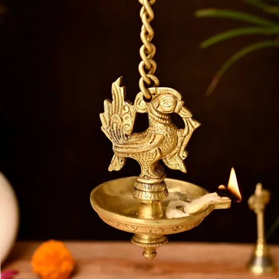 Brass Peacock Wall Hanging Diya with Chain Annam Hanging Idol Oil Lamp Diya for Home Temple Mandir Office Diwali Decor Kathu Vilakku Puja Diya - Deepawali Housewarming Return Gift {1}