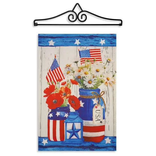 G128 Combo Pack Garden Flag Hanger 14IN & Garden Flag Rustic Mason Jar Patriotic Flowers Printed 12x18IN Double Sided Yard Garden Lawn Decoration {1}