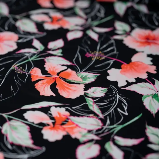 1 Yard Hibiscus Flowers on Black Printed Spandex Fabric 36" x 58/60" Length by Width {4}