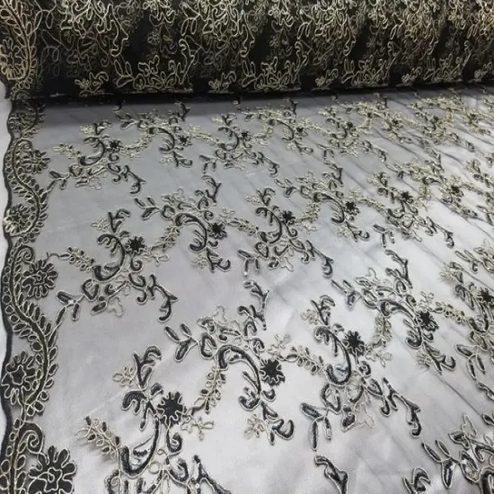 1 Yard Black Champagne Metallic Flowers Sequins Mesh Lace Fabric for Tablecloths and Costumes {2}