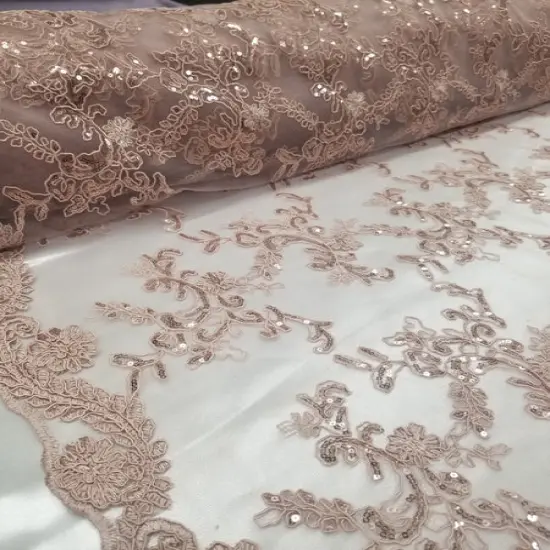 1 Yard Dusty Rose Metallic Flowers Sequins Mesh Lace Fabric for Tablecloths and Costumes {3}