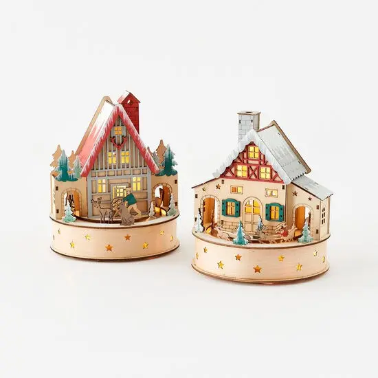 Bavarian Christmas Village - Scandinavian Wooden Lodge Revolving Music Box (Choose from 2) {1}