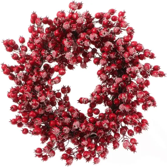 22" Red Frosted Berry Wreath - 22-Inch Iced Hawthorn Twig Berries Holiday Decorative Winter Christmas Berry Wreaths for Front Door, Fireplace, Mantel, Xmas D&eacute;cor - Christmas Berry Wreath {3}