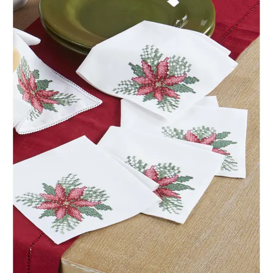 HerrschnersPoinsettia on White Napkins Stamped Cross-Stitch Multi {1}