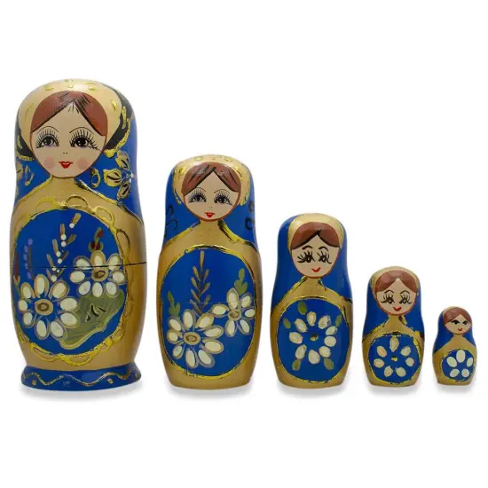 Set of 5 White Flowers on Blue Nesting Dolls 6.5 Inches {1}