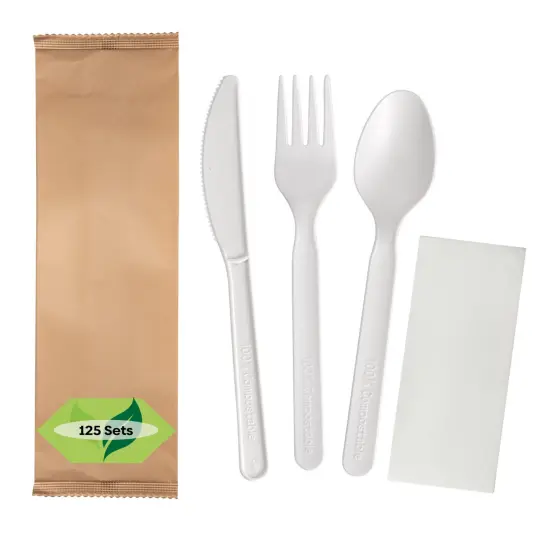 Compostable Disposable Plant Based Sealed Cutlery Packets (125 Sets) {1}