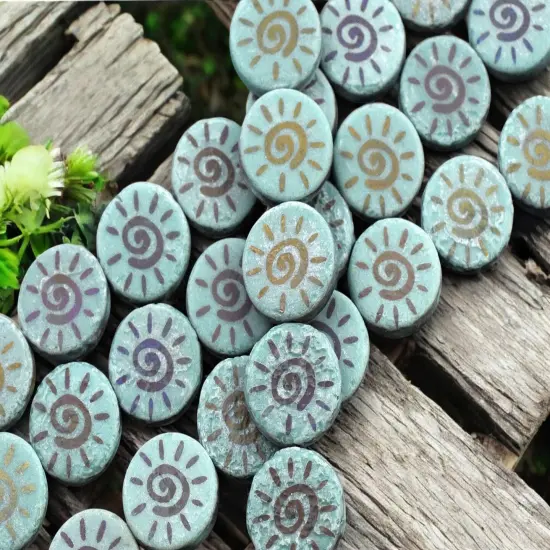 *8* 14mm Acid Etched Opaque Dark Turquoise Sliperit Laser Tattoo Sun Coin Beads {2}