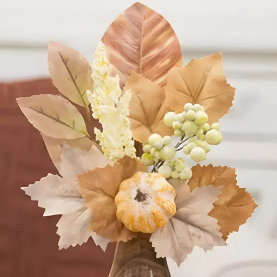 Gold-Brown Wind Washed Fall Foliage Pick with Pumpkin for Autumn Decor {2}
