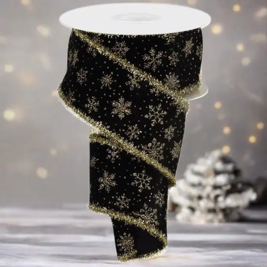2.5" Glitter Snowflakes Tinsel Ribbon: Gold/Black (10 Yards) {3}