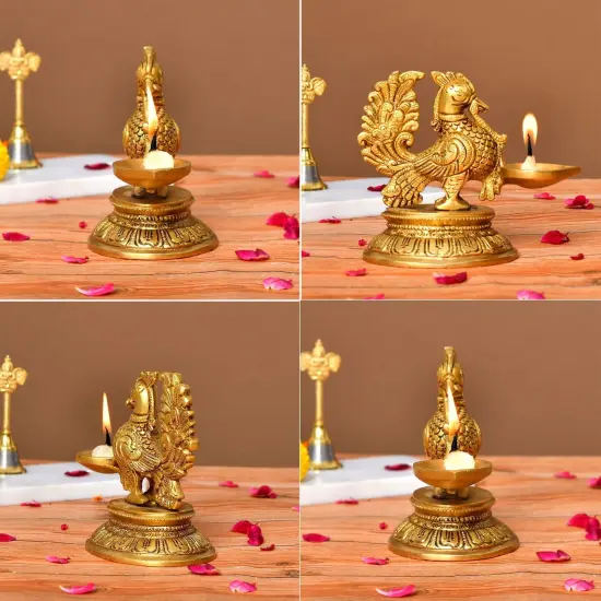 Brass Peacock Diya Annam Deepak Idol Oil Lamp Deepam with Base for Home Temple Mandir Office Diwali Decoration Kathu Vilakku Puja Diya - Deepawali Housewarming Return Gift {3}