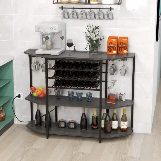 Wine Rack with Charging Station, 21-Bottle Capacity, 8 Glass Holders, and 3 Shelves Grey {3}