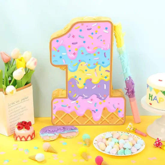Summer Birthday Pi&ntilde;ata Ice Cream Game Set Summer Number Pi&ntilde;ata with Bat Stick Blindfold Mask Confetti for Sundae Theme Birthday {2}