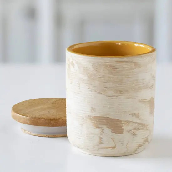 Handcrafted Ceramic Jar with Wooden Lid &ndash;Stylish & Sustainable Storage-3.5X3.5X4.3" {3}