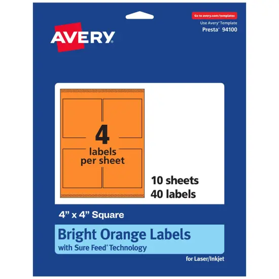 Avery Bright Orange Paper Labels, 4" x 4" Square {7}