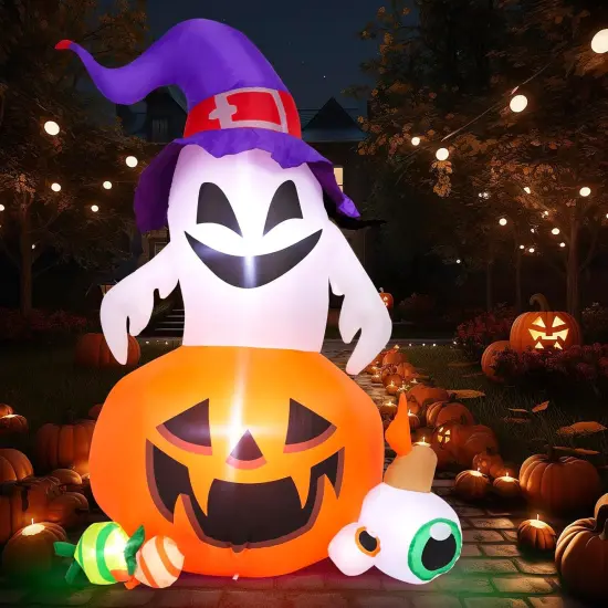 5FT Halloween Inflatable Outdoor Decoration Pumpkin Ghost with Built-in LEDs {5}