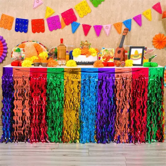 Cinco de Mayo Decorations, 2 Pack Fiesta Party Wavy Metallic Tinsel Foil Fringe Table Skirts, Perfect Mexican Themed Decors for Mexican Taco Dia De Los Muertos Birthday Party Table Bar Decor {5}